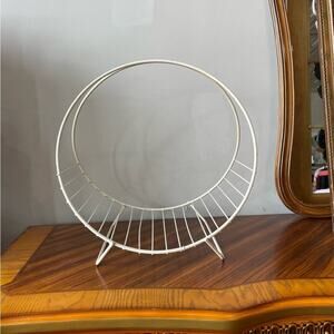 Vintage 1960s White Metal Wire Log Magazine Rack Hoop Mid Century Modern Galef